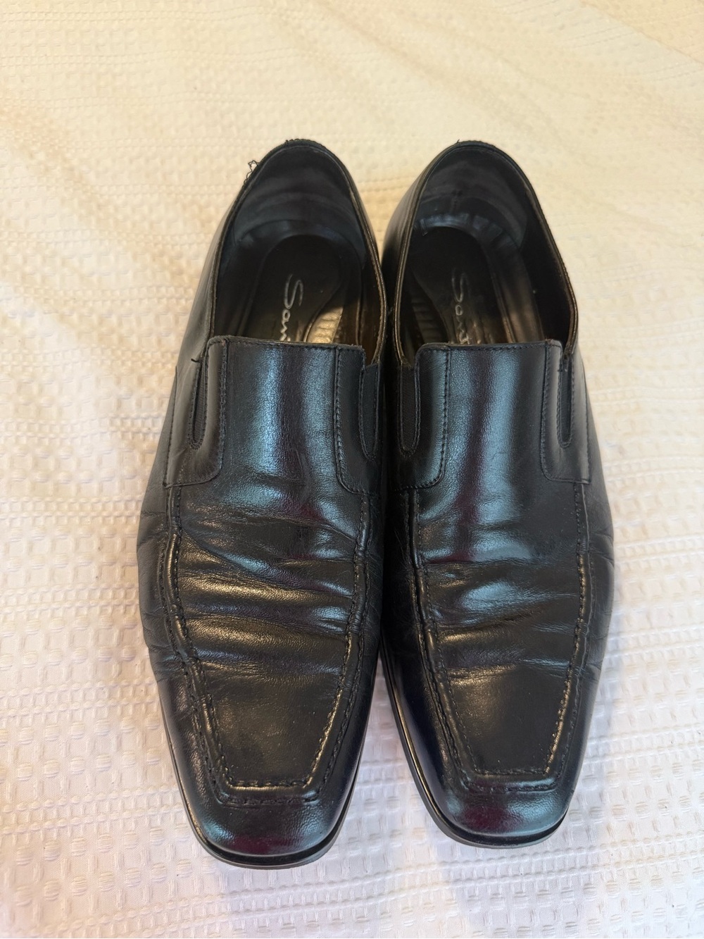 Santoni Black Leather Slip-On Loafers